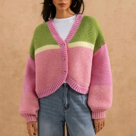 Winter Clothes For Women New V-Neck Colorful Striped Funny Long Sleeve Cardigan - Picture 4 of 5